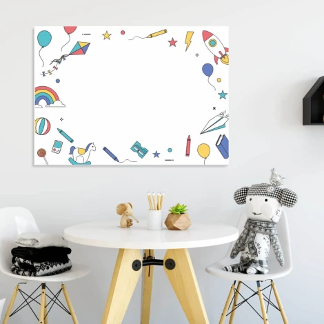 Magnetic dry-erase board for kids, featuring a kite and rocket design with colorful graphics on a white background.