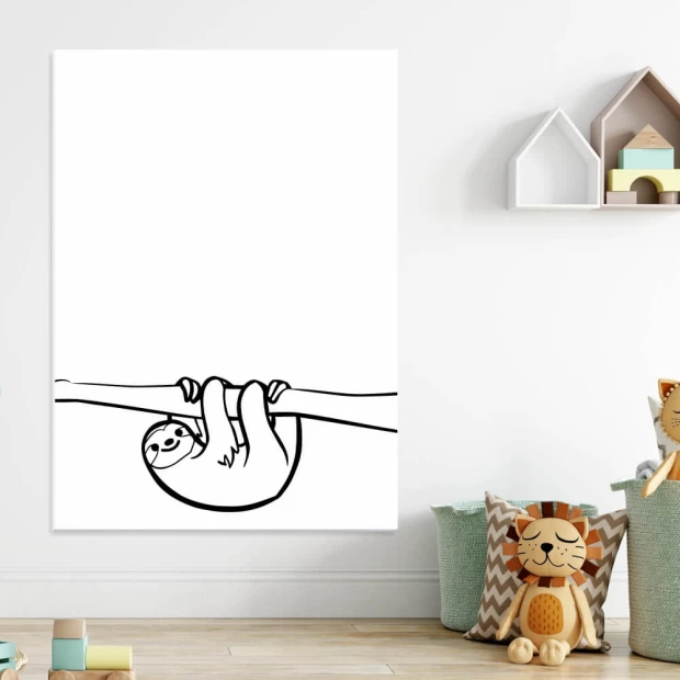 Dry-erase magnetic board for kids featuring a sloth design. Black graphic on a white background.