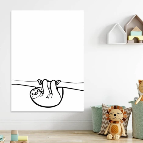 Dry-erase magnetic board for kids featuring a sloth design. Black graphic on a white background.