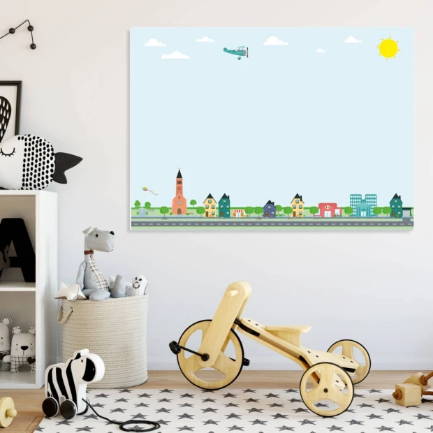 Magnetic dry-erase board for kids city theme - Decor for a child\'s room with light-colored walls and furniture.