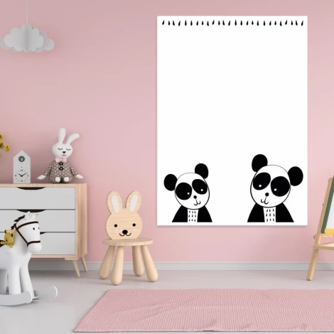 Dry-erase magnetic board for kids featuring bears, perfect for a child\'s room with pink walls and furniture.