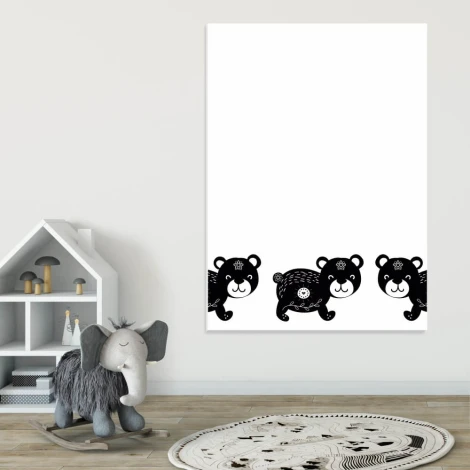 Dry-erase magnetic board for kids featuring three smiling black bears on a white background.