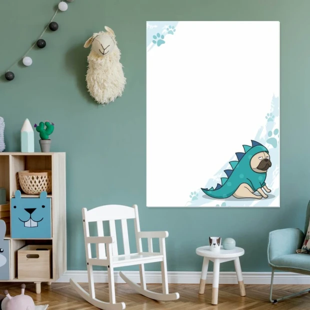 Dry-erase magnetic board for kids featuring a pug design, styled in a green-themed children\'s room with matching furniture.