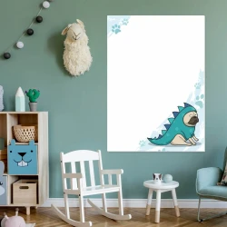 Dry-erase magnetic board for kids featuring a pug design, styled in a green-themed children\'s room with matching furniture.