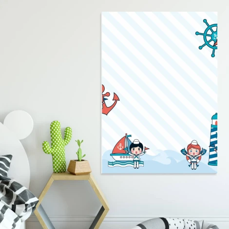 Magnetic dry-erase board for kids, ocean theme - perfect for a bright children\'s room with colorful walls and furniture.