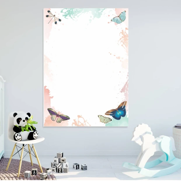 Magnetic dry-erase board for kids featuring colorful butterflies and soft splashes on a white background.