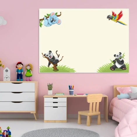 Dry-erase magnetic board for kids featuring pandas - Ideal for a pink-themed children\'s room with matching furniture.