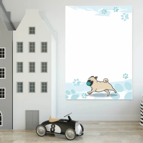 Dry-erase magnetic board for kids featuring a running pug on a white background.