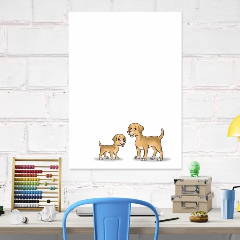 Dry-erase magnetic board for kids featuring dogs, ideal for office decor with white walls and light-colored furniture.