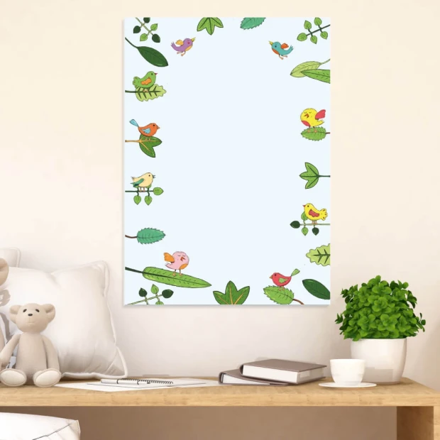 Magnetic dry-erase board for kids featuring colorful birds and leaves on a white background.