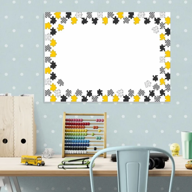Magnetic dry-erase board for kids, puzzle design with a colorful frame in yellow and black.