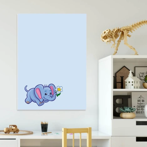Dry-erase magnetic board for kids, featuring an elephant design on a blue background.