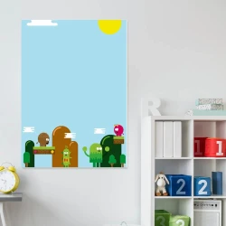 Magnetic whiteboard for kids with monsters design - perfect for a bright children\'s room with colorful walls and furniture.