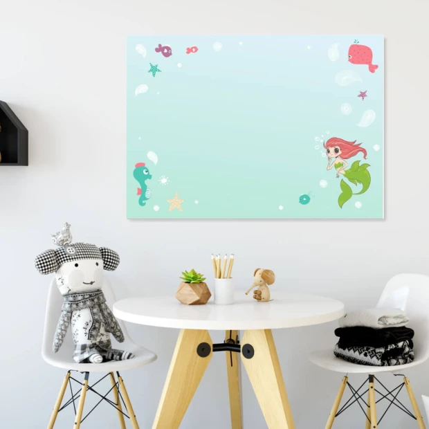 Magnetic dry-erase board for kids, mermaid design. Features a blue-toned background with graphics.