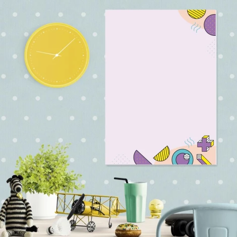 Magnetic dry-erase board for kids with colorful shapes on a pink background.