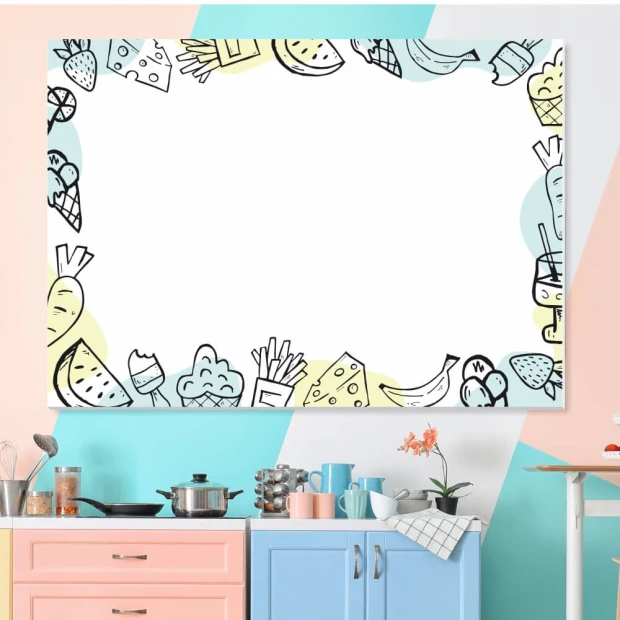 Magnetic dry-erase board for the kitchen featuring food illustrations in various shapes.