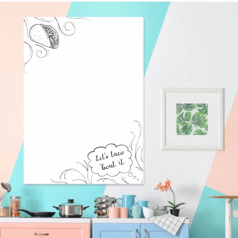 Dry-erase magnetic board for the kitchen, Lets taco bout it 531 - Features taco outlines on a white background.