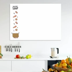 Magnetic dry-erase board for the kitchen, featuring a vegetable soup design. Modern decor with light-colored walls.