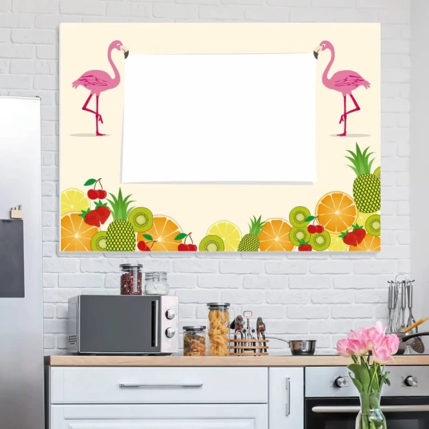 Magnetic whiteboard with flamingos 402 - Kitchen decor. Light-colored walls and modern furniture in shades.