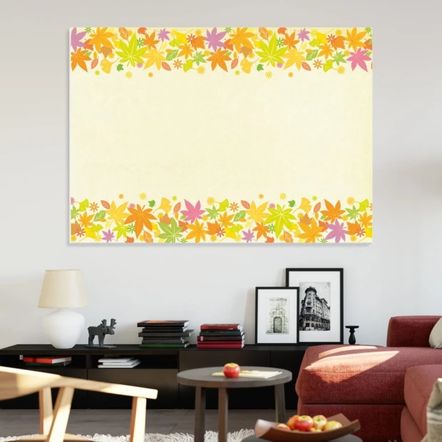 Magnetic whiteboard with autumn leaves design, perfect for bright living room walls and furniture in soft tones.