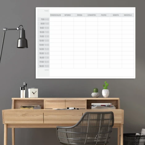 Magnetic dry-erase weekly planner board 296 Polish version - Office setup with light-colored walls and wooden accents.