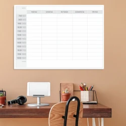 Magnetic dry-erase weekly planner 297, German version - Office setup with light brown walls.