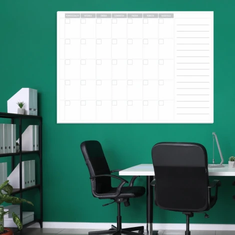 Weekly planner magnetic whiteboard 323 - Office arrangement with green walls and furniture in shades.