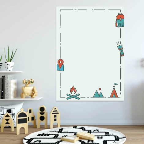 Dry-erase magnetic board camping 552 - Graphic design with colorful elements: house and flashlight on a white background.