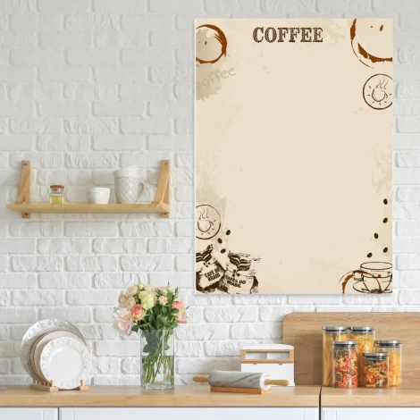 Magnetic whiteboard coffee 550 - Kitchen decor with white walls and wooden shelves filled with dishes.