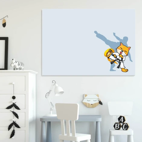 Magnetic dry-erase board for kids featuring a karate cat kicking with a shadow in the background.