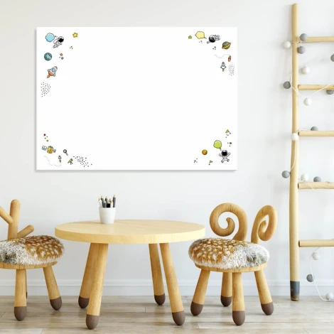 Dry-erase magnetic board for kids with a space theme, perfect for a cozy little room.