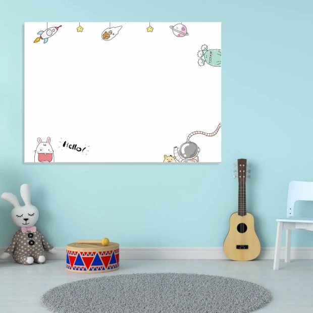 Magnetic dry-erase board for kids featuring a space theme with rockets, planets, and animals on a white background.
