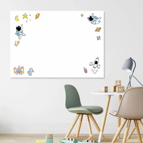 Magnetic dry-erase board for kids featuring a space theme with astronaut illustrations on a white background.