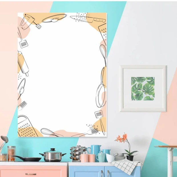 Magnetic dry-erase board for kitchen use, featuring blue wall decor. Perfect kitchen accessory.