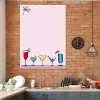 Magnetic dry-erase board for kitchen drinks, featuring various designs on a pink background.