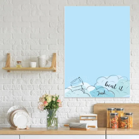 Dry-erase magnetic board Just Beat It 532 for kitchen decor. Light-colored walls and wooden shelves.