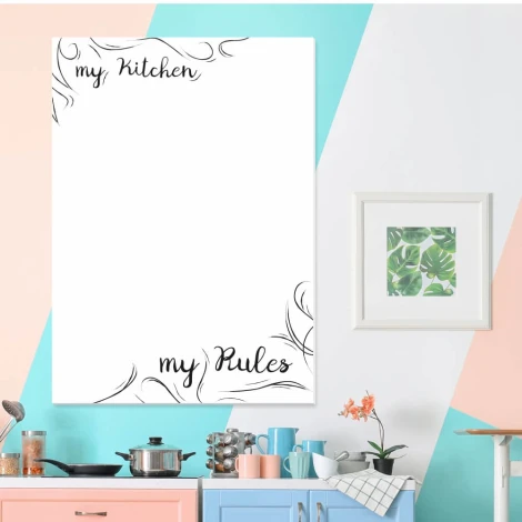 Magnetic dry-erase board for the kitchen, "My kitchen my rules," perfect for pastel-colored wall decor.