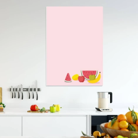 Magnetic dry-erase board for the kitchen with fruit illustrations on a pink background.