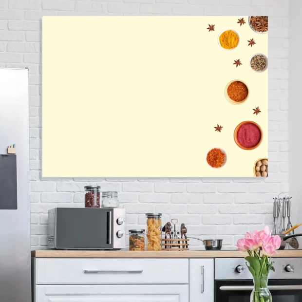 Magnetic dry-erase board for kitchen spices - Modern kitchen design with light-colored walls and furniture.