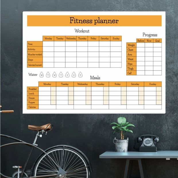 Dry-erase magnetic fitness planner board 429 - Office setup with light-colored walls and minimalist furniture.