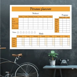 Dry-erase magnetic fitness planner board 429 - Office setup with light-colored walls and minimalist furniture.