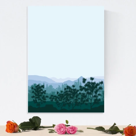 Magnetic dry-erase board landscape 546 - Graphic design featuring mountains and trees in shades of green.