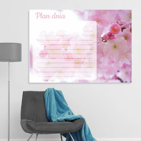 Dry-erase magnetic board with a daily planner design featuring cherry blossoms on a pink floral background.