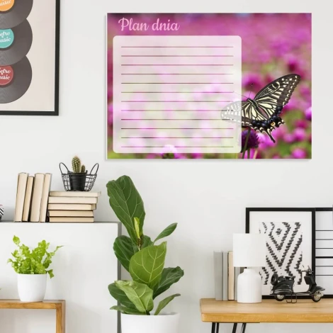 Dry-erase magnetic board daily planner butterfly 366 - Office decor with light-colored walls, plants, and modern design.