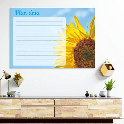 Dry-erase magnetic board daily planner sunflower 354 - Styled in a bright living room with light-colored walls and furniture.