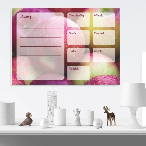 Magnetic dry-erase weekly planner with apple design, perfect for modern interiors. Walls in light colors.
