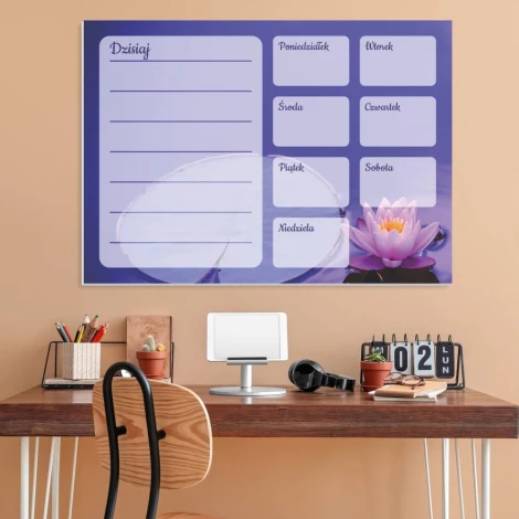 Dry-erase weekly planner with lotus flower design, ideal for bright office spaces with wooden accents.