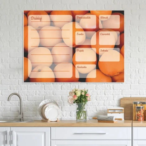Weekly planner dry-erase magnetic board with a graphic design featuring oranges and fields.