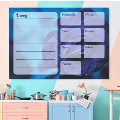 Weekly planner magnetic whiteboard, blue rose design with a blue background and pink accents.
