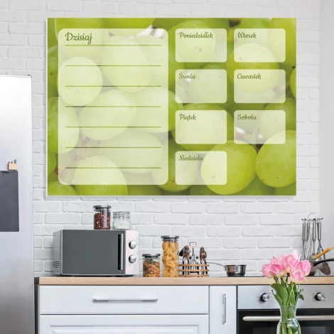 Magnetic dry-erase weekly planner board with grape design, perfect for bright kitchen decor.
